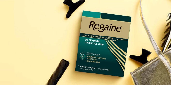 REGAINE® product range for women on a yellow background