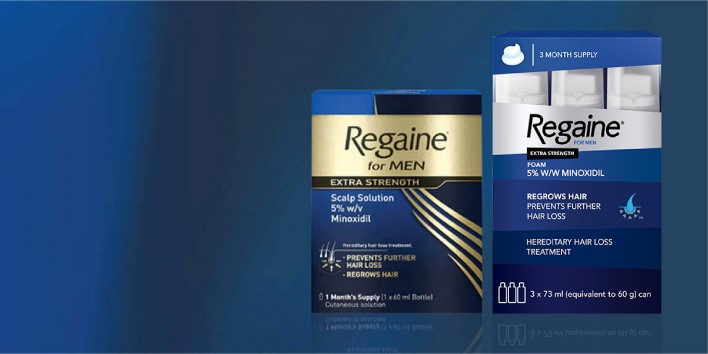 REGAINE® product range for men on a blue background